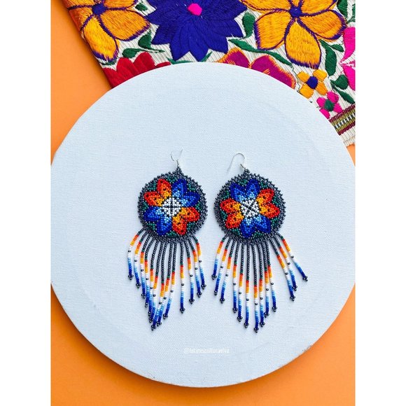 Beaded Earrings, Mexican Earrings, Huichol Art, Multicolor Mexican Earrings, Art - Picture 1 of 6